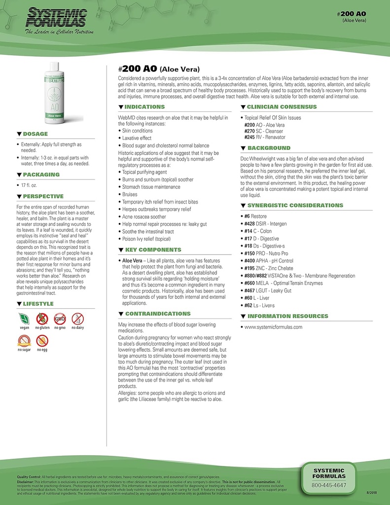 Aloe Vera #200-16 oz 消化健康与健康优等分级 - 纯Aloe Vera提取