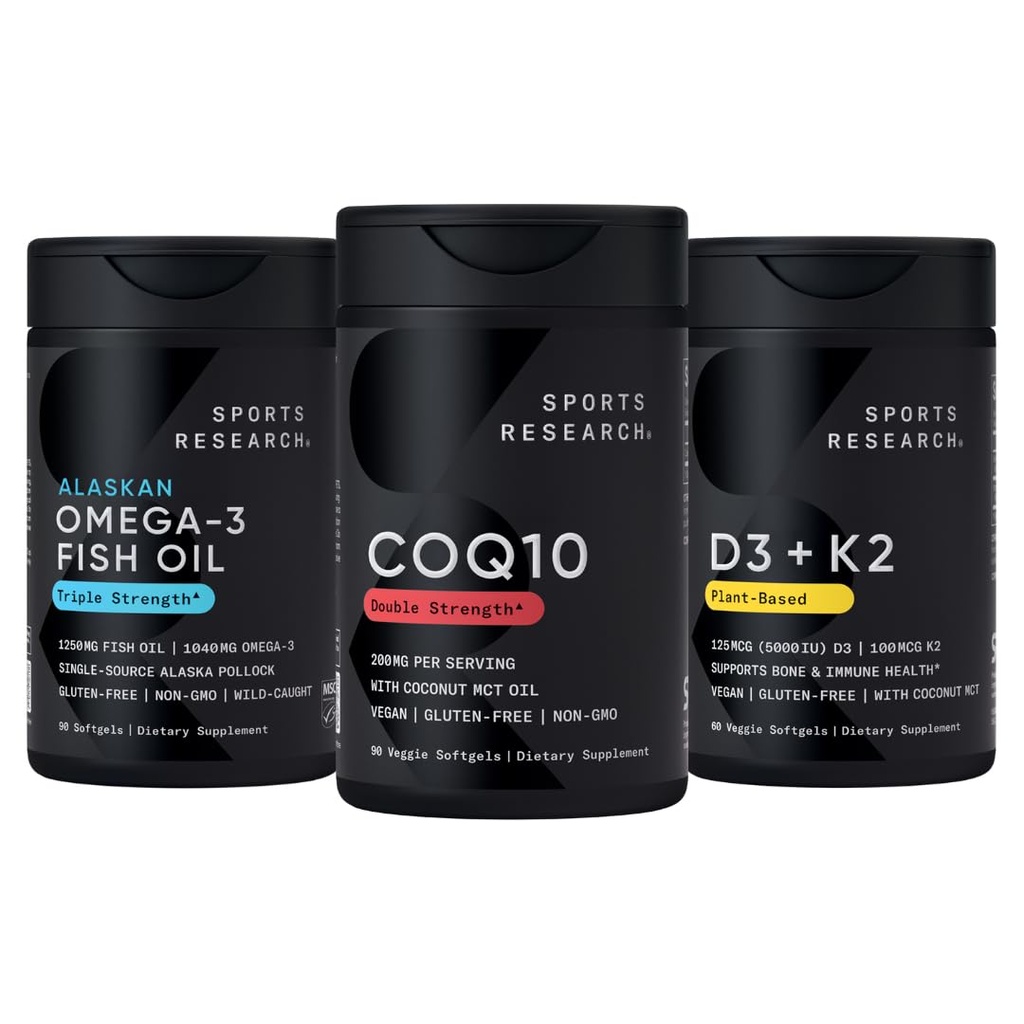 运动研究 1250 mg Omega 3 Burpless Fish Oil from Single-Source Wild Allaskan Pollock, CoQ10(200mg) 增强w/椰子 MCT 石油用于更好的吸收和5 000iu维生素D,含100毫克Mk7维生素K