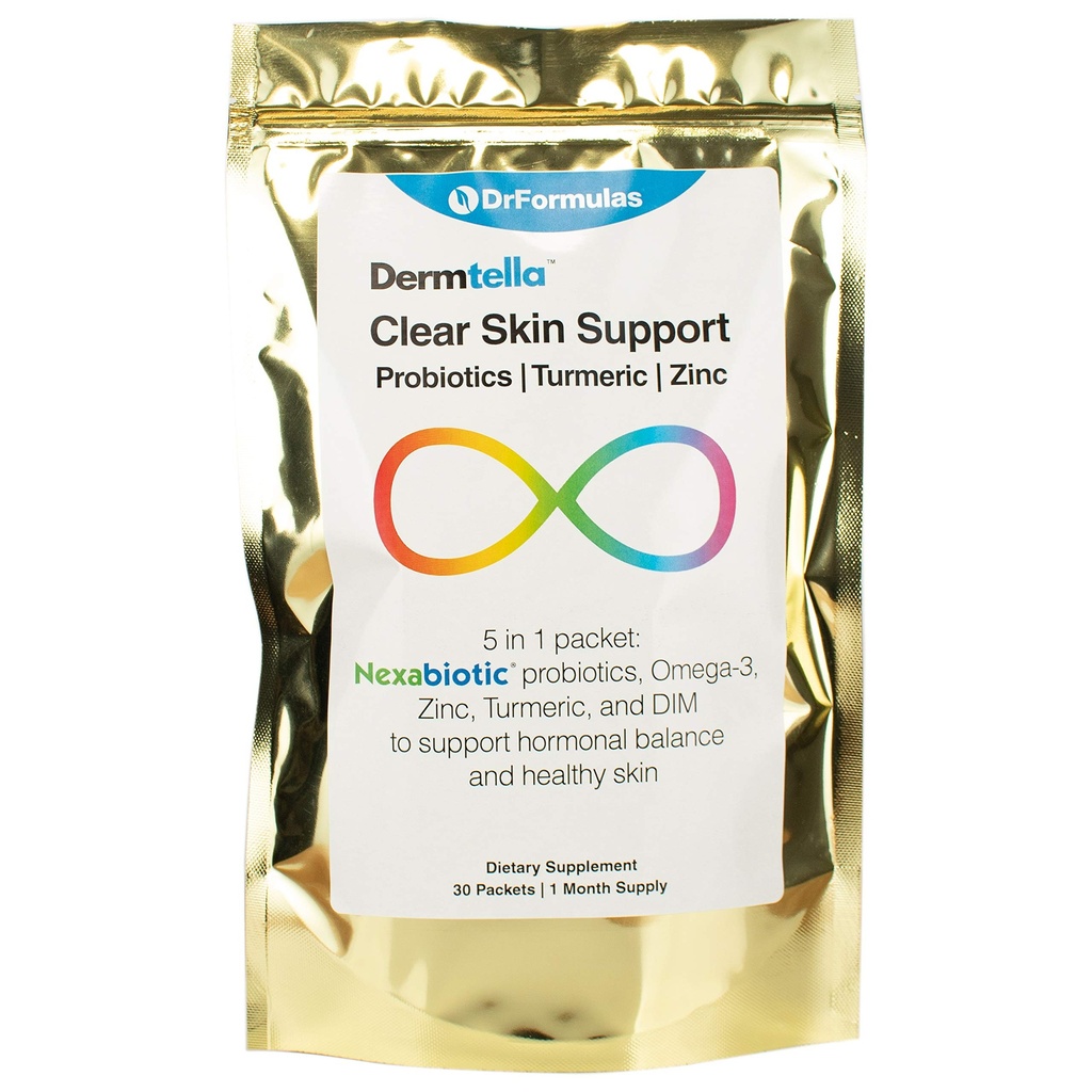 DrFormulas Dermtella Clear Skin 支持带锌的包装药丸,Probiotics & DIM 女性补充药丸,Teens & Men 配 Nexabiot Probiotics, Turmeric, Fish Oil, 1个月供应药丸