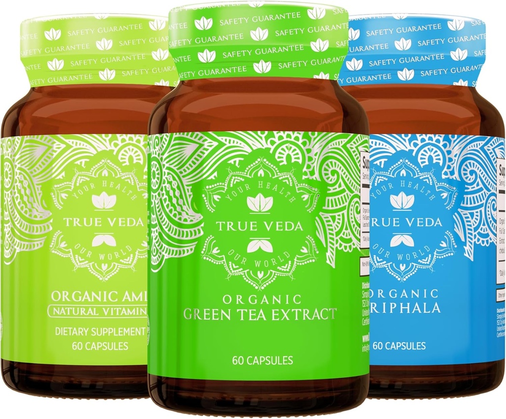 真正的吠陀文摘和Detox Bundle USDA 有机体 – 多奖-温宁 – 绿茶 – Amla 配有维生素 C – Triphala Capsules