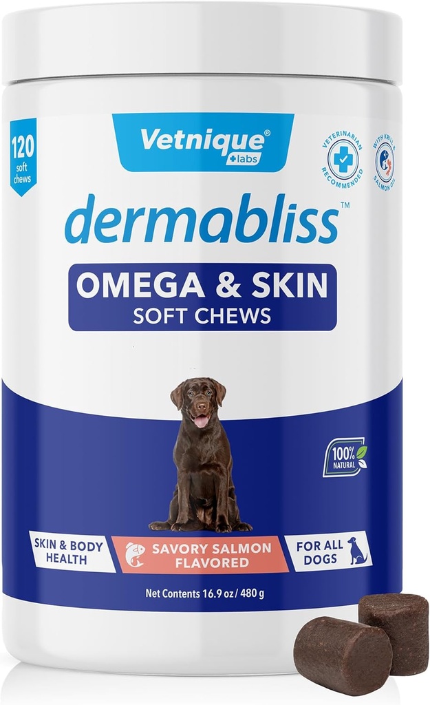 Vetnique Dermablis Omega & Skin 健康鱼油用于狗软 厨师健康 皮和肥皂用于狗 生物素 & DHA - Hickory 沙门狗治疗(120 Counter Chews)