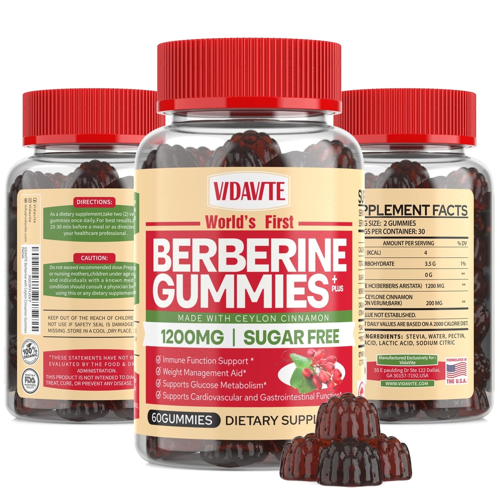 Berberine with Ceylon Cinnamon Gummys – 无糖,98%纯度 & 10x吸收 1200mg HCL 有机柏柏林补充物 重量管理,豁免,代谢和消化健康(30天)