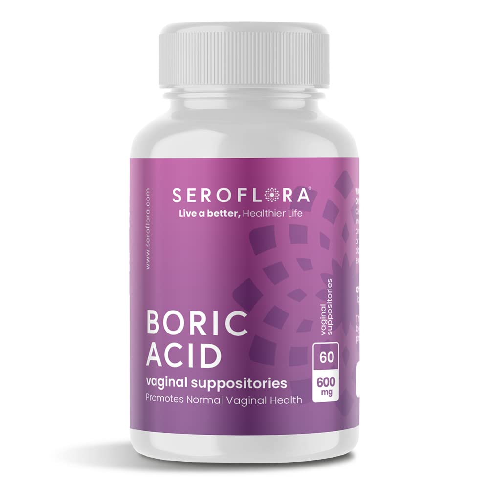 Seroflora Boric酸性阴道药丸 -- -- 使用USP医疗级精粉促进阴道pH平衡和气味控制,易溶解,在美国制造 -- -- 600毫克60个计数