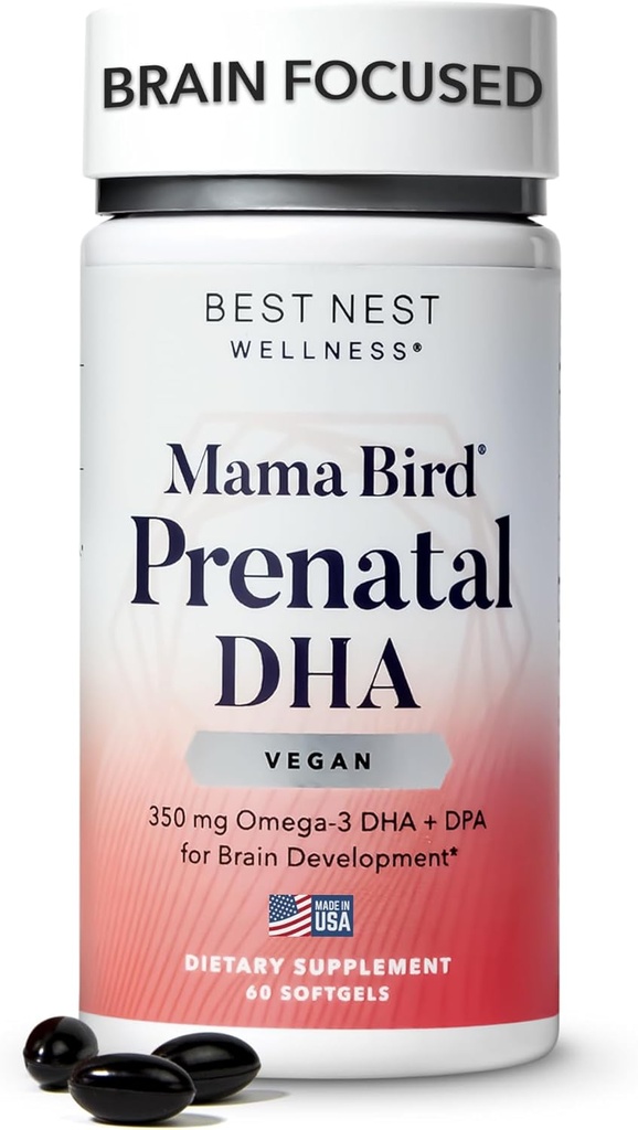 Best Nest Wellness Mama Bird Vegan 产前DHA - 婴儿的脑和眼支持补充 - 育种前补充 Algae DHA - 母亲营养补充 - 60 Softgels