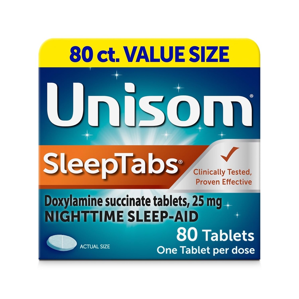 Unisom SleepTabs, 夜间睡眠援助, 多西尔胺苏奇纳特, 80平板