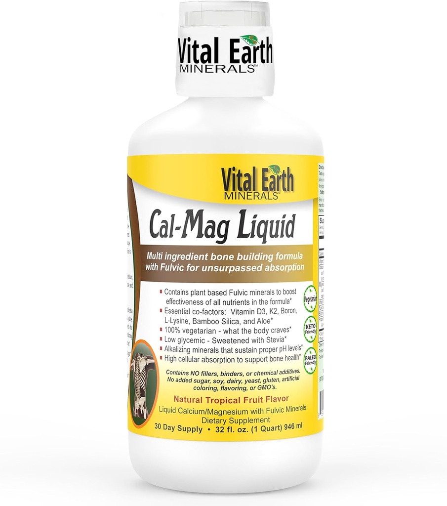 重要地球矿物 Cal-Mag 液体 — 含维生素D3, K2, Boron 和富尔维酸用于更快吸收, 32 Oz + 1 Oz 杯