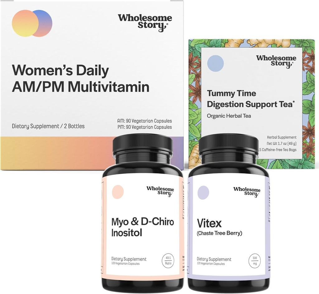 PMS 支持 Bundle → Myo-Inositol & D-Chiro Inositol Blend Capsule 30天供应 → Vitex Chasteberry 女性120天供应 → Premium 多维塔明 女性 → 早间疾病茶 15ct