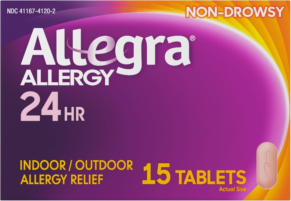 Allegra成人24HR 非Drowsy Antihistamine, 15张平板药,快速过敏症状缓解,180毫克