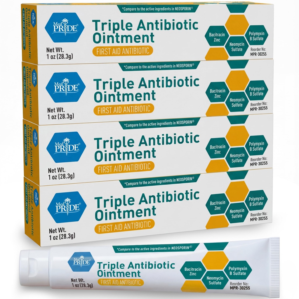 MED Pride Triple 抗生素 Pride Prinment Tube 1 Oz 4-Pack, 小伤者急救,Scratches, Abrasions, 配有锌, Neomycin, Polymyxin