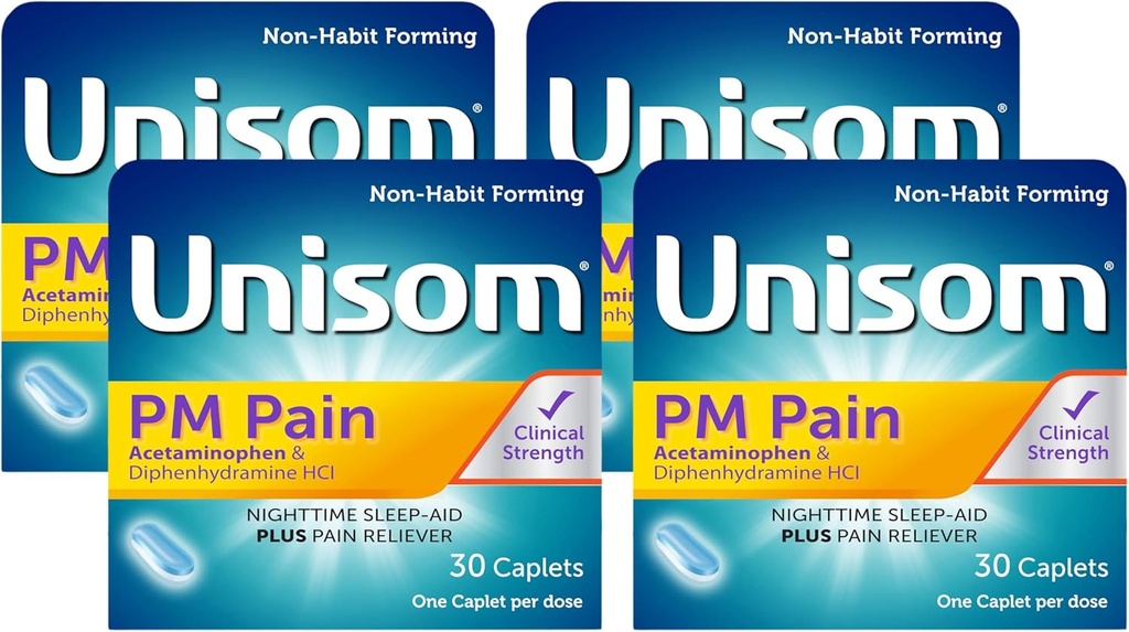 Unisom PM 疼痛 夜间睡眠援助 + 疼痛救生剂、乙酰氨基苯和二苯胺HCI, 30 Caplets, 50mg(包4)