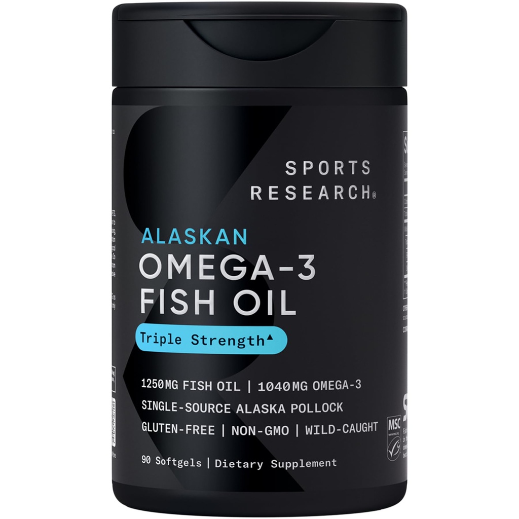 体育研究 三重强力 Omega 3 鱼油 - Burpless Fish Oil Supplement w/EPA & DHA 来自单源野生阿拉斯加的脂肪酸 - 1,250 mg,90 cm