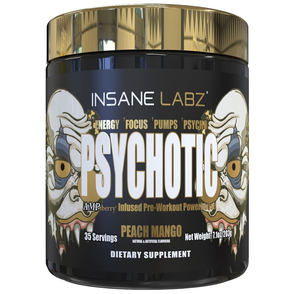Insane Labz 精神金刚,高兴奋剂预研粉,极端耐久能量,泵和耐久性与Beta Alanine,DMAE Bitartrate,NO Boster(35 services,Peach Mango)