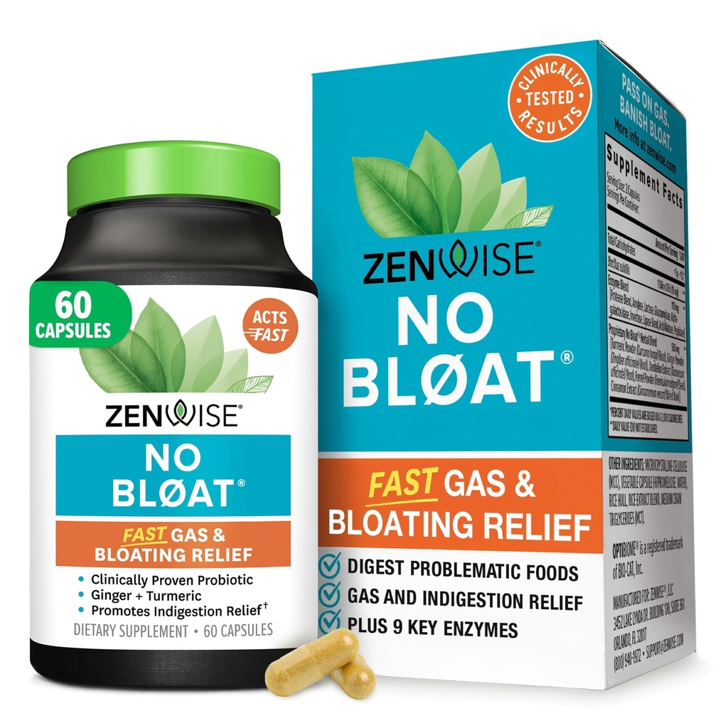 Zenwise Health No Bloat Digestive Enzymes for Gut Health, Gas & Bloating Relief - 多酶文摘增刊 Probiotics, Ginger, Turmeric Dandelion & Lactase - 男人和女人 - 60 Counter