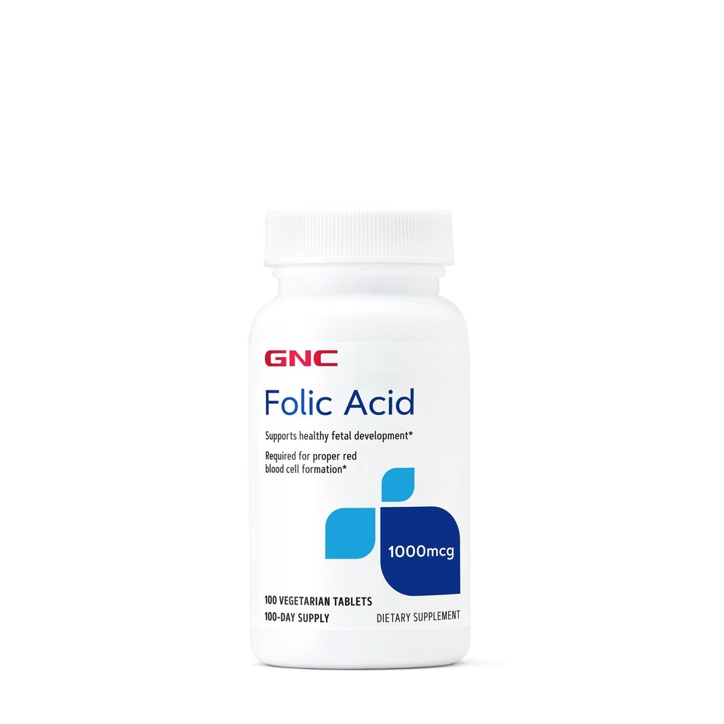 GNC Folic Acid 1000mcg,支持健康胎儿发育,为适当的红细胞形成所必需,蔬菜配方,100个计数