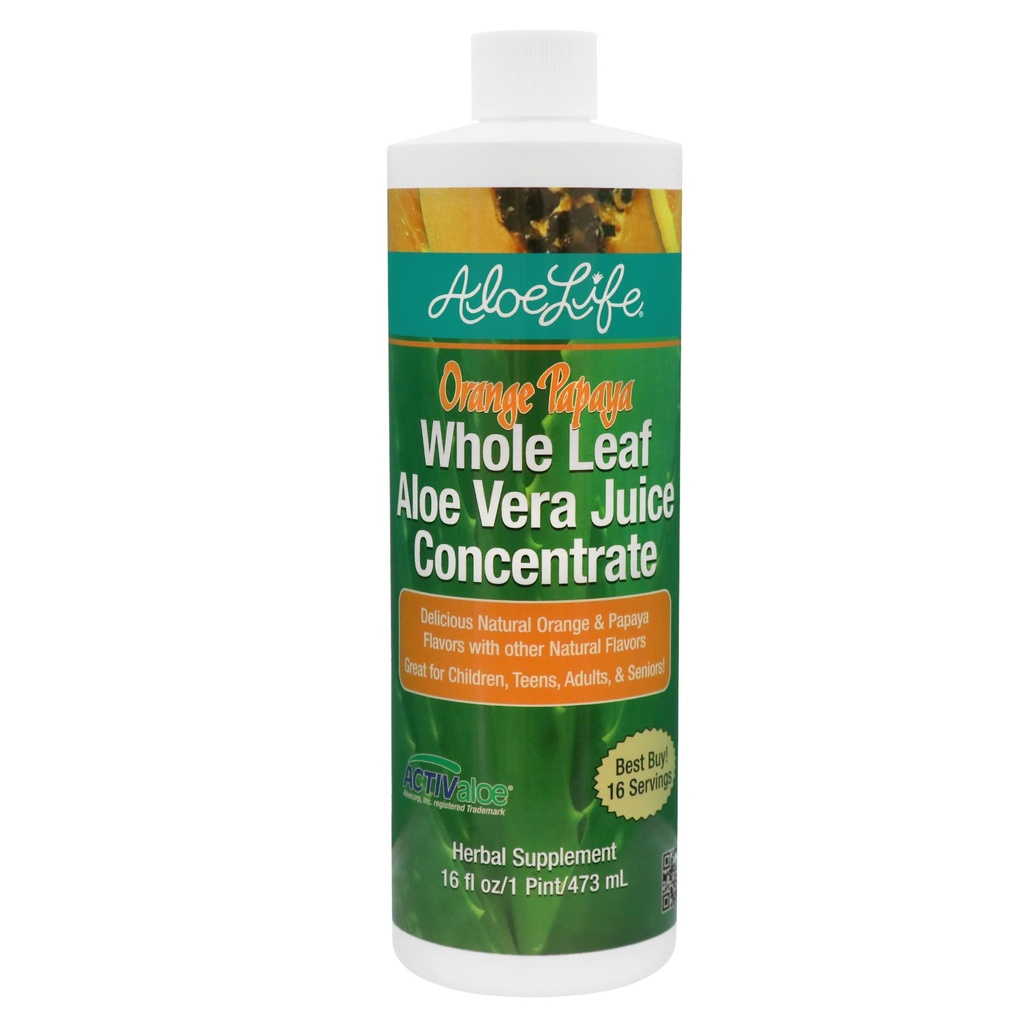 Aloe Life - 全叶 Aloe Vera Juic, 认证有机体,无胶体(Orange Papaya, 16 oz)