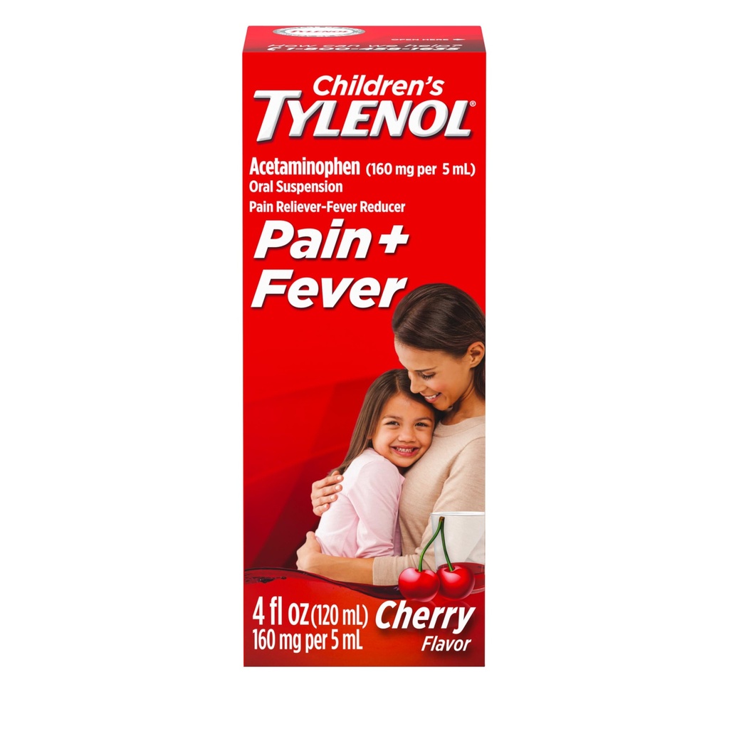 儿童Tylenol液态止痛药、Acetaminophen 止痛剂和减烧剂、阿斯匹林、Ibuprofen和无酒精、樱桃、4Fl.Oz