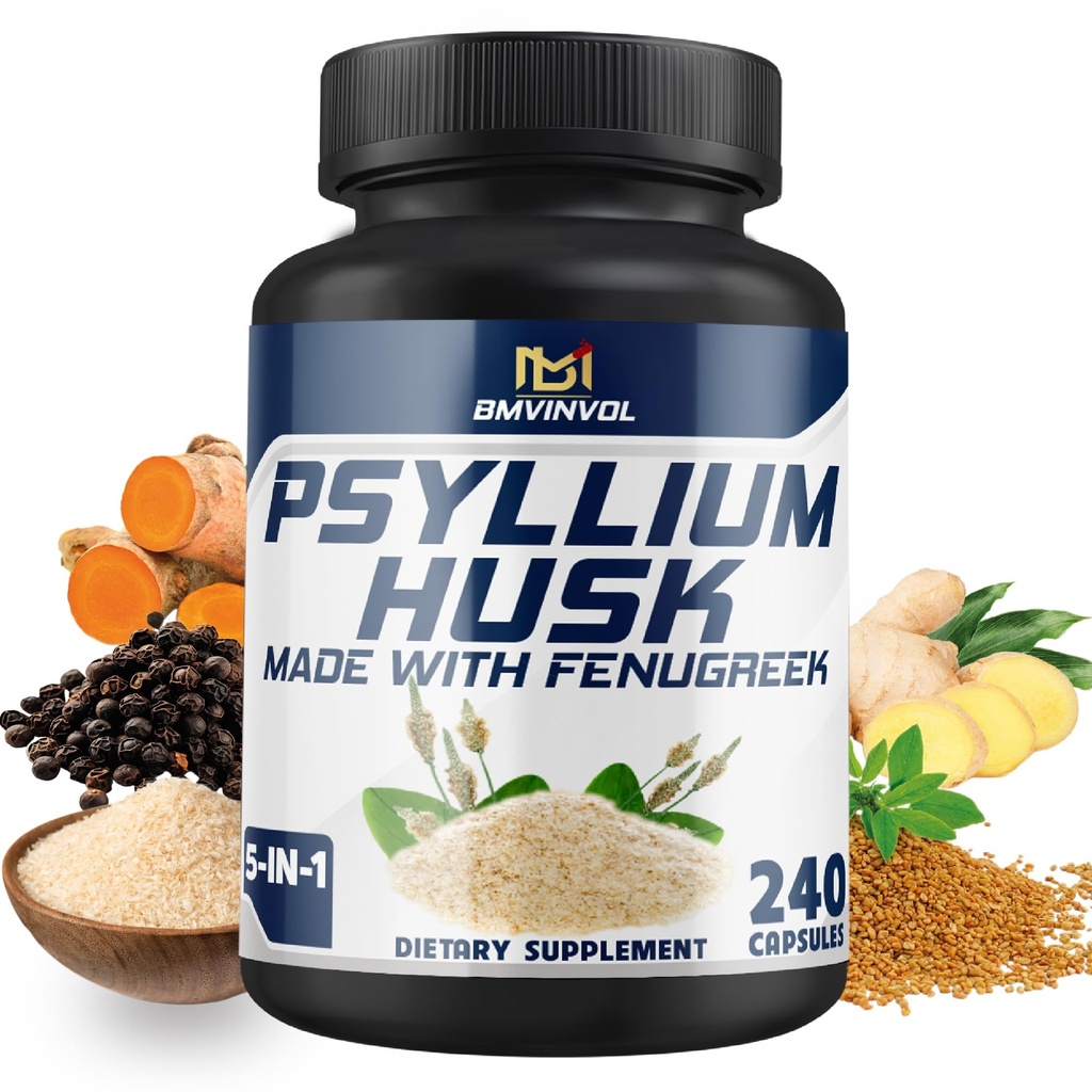 BMVINVOL Psyllium Husk Capsules Fiber 配有 Fenugreek, Turmeric, Ginger, Black Pepper - 支持消化系统,腹部健康 - 240个4个月供应量