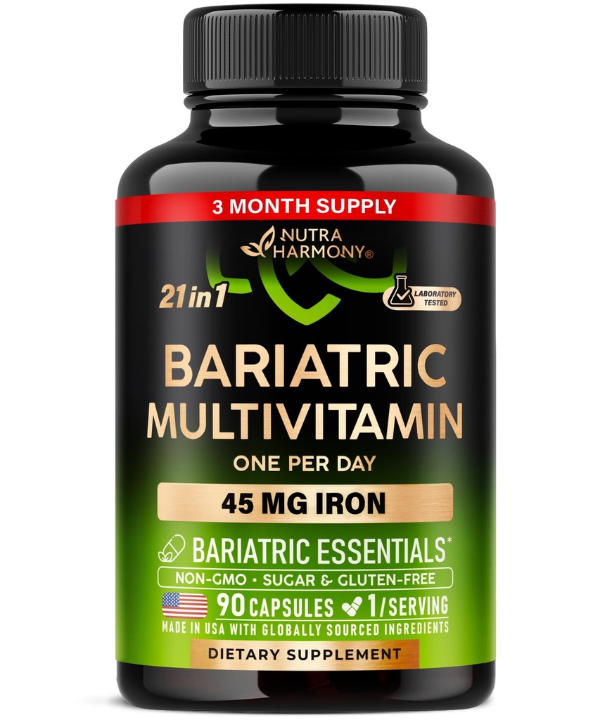 Bariaric 多维特敏 - 45 mg 铁补充剂 - 在美国制造 - 供女性和男性使用 - 全一,21 基本维生素 - 胃袖支持 - 无糖,胶豆 - 90 Capsules, Once Daily