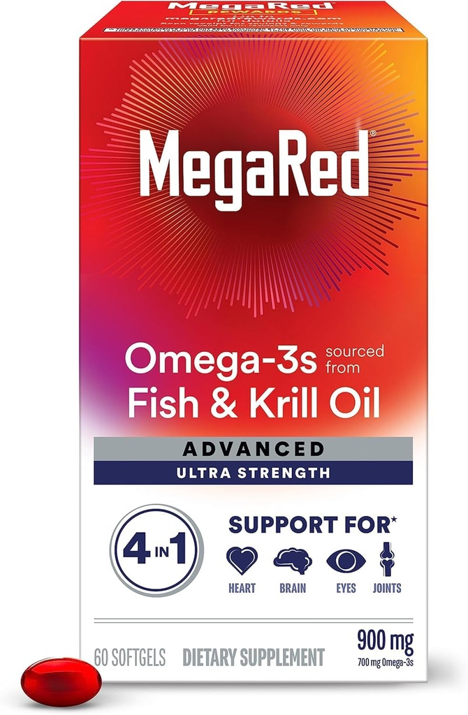 MegaRed Advance 4in1 900mg, 120 软胶 价值包装(2瓶×每瓶60) - 集中Omega-3鱼和磷虾油补充品