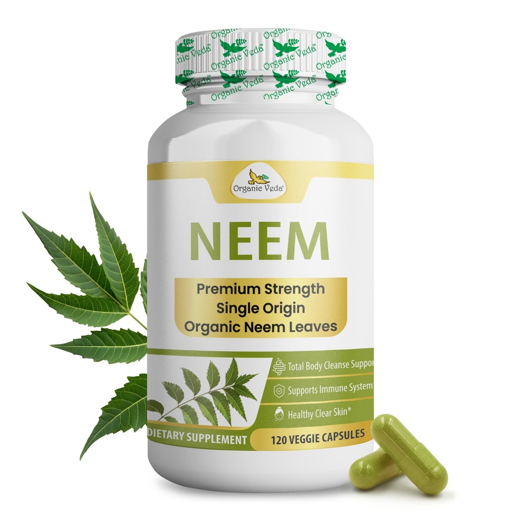 有机维达 Neem Capsules,1000mg - 有机草药补充剂与 Ayurvedic India Neem Leaf Powder - 支持Radiant Skin, Immune, Detox,健康炎症反应 - 120 Veggie Capsules