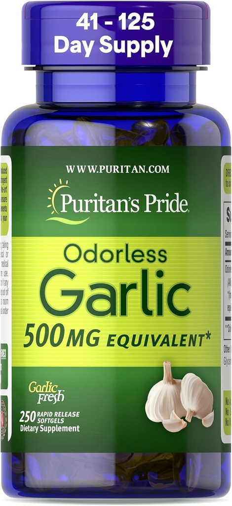 清教徒的"荣耀精华"(Primium Odorless Garlic Fresh 500mg),传统餐饮补充品,用于心脏健康和有抗氧化物属性的循环支持,250快速释放软胶