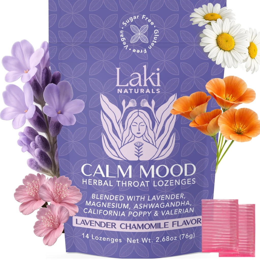 Laki Naturals Lavender Chamomile calm Mood 功能性草药 Lozenges (14ct) 喉咙和将硬罐头与Magnesium, Ashwagandha, California Pppy & Valerian 镇定. 维根,无糖,无糖