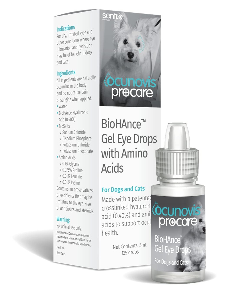 Sentrx - Ocunovis ProCare Gel眼滴给狗和猫,水化猫和狗眼滴给Hyaluronic酸,Lysine和氨基酸,无防腐剂和抗生素,5毫升