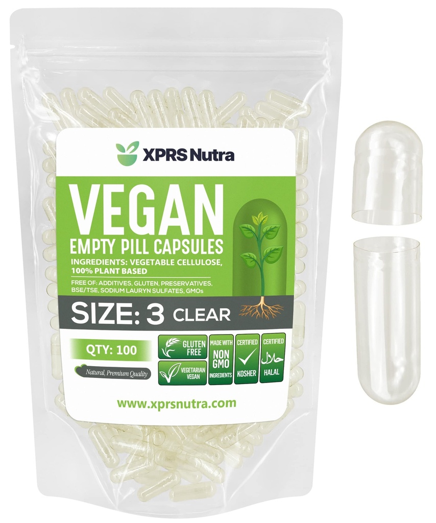 XPRS Nutra 大小 3 空卡普尔 - 100 个清空 Vegan 卡普尔 - 蔬菜药丸 - DIY 蔬菜卡普尔填充 - 蔬菜卡普尔