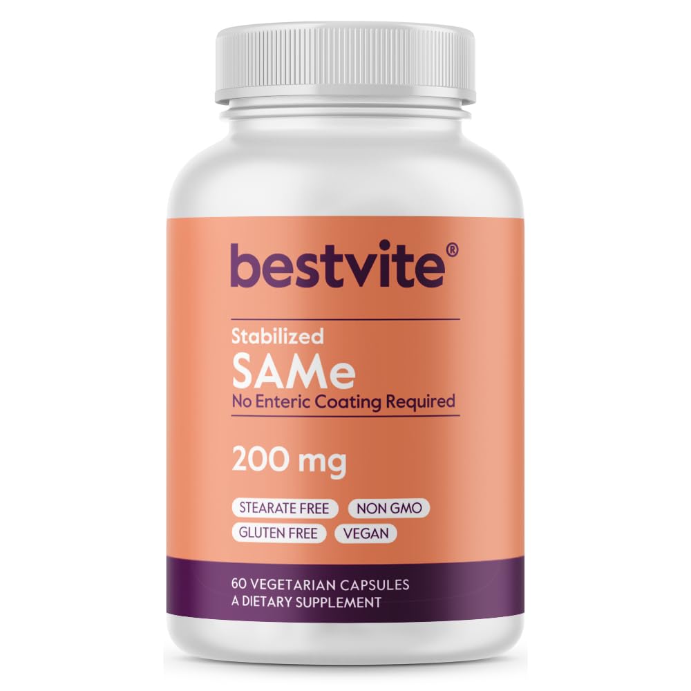 BESTVITE SAM-e 200mg 稳定化(60个蔬菜卡普尔) - 容易吞咽卡普尔形态 - 无肠内皮炭需要 - 无二氧化钛 - 无支架 - Vegan - 非转基因- Gluten Free