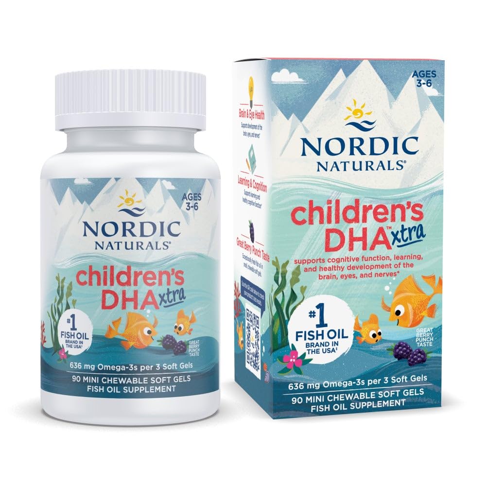 Nordic Naturals Children的DHA Xtra, Berry Punch - 90 mini Chewable Soft Gels for Kids - 636 mg Omega-3s EPA & DHA - 认知和免疫功能,学习,社会发展 - 非GMO - 30 服务
