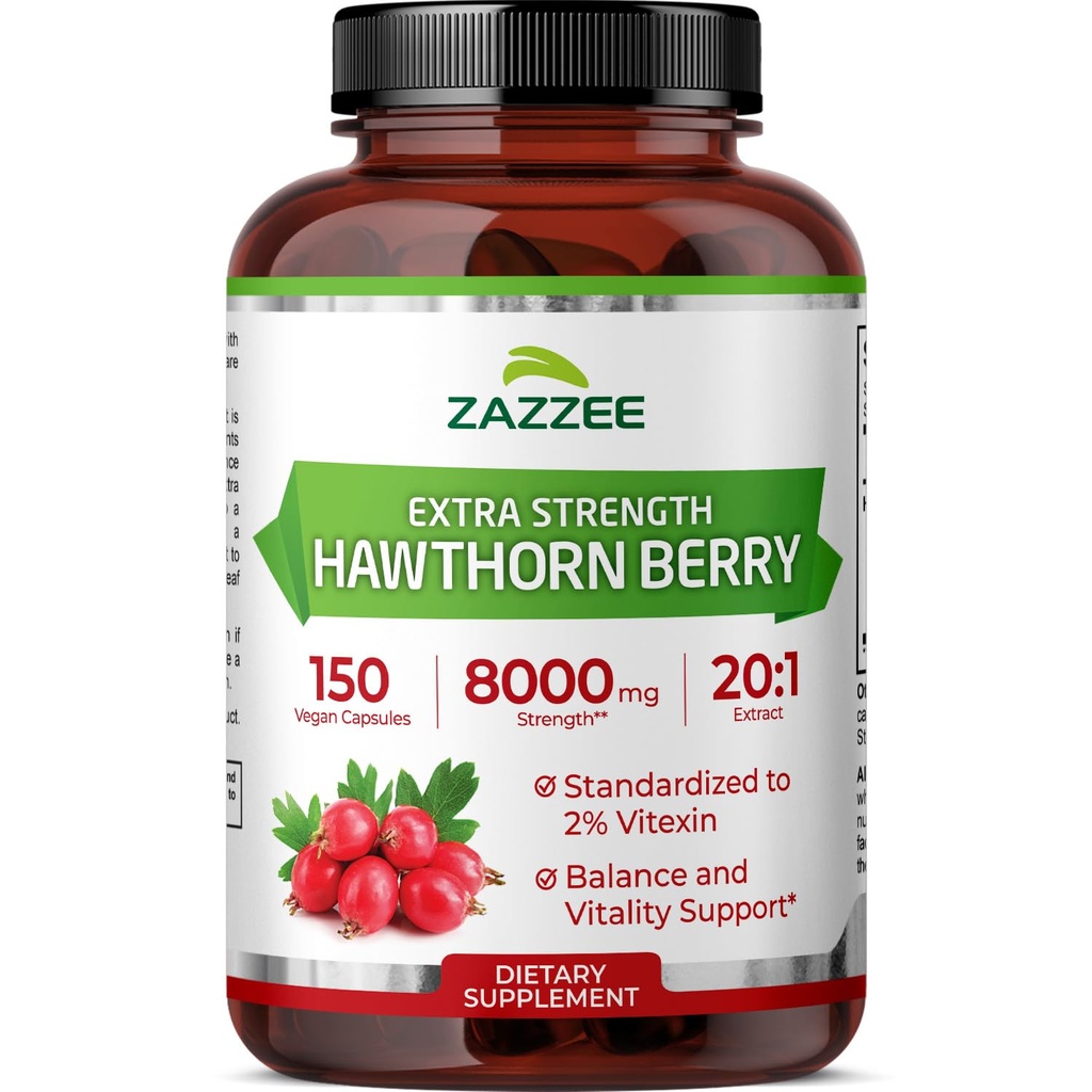 Zazzee Extra Starge Hawthorn Berry 20:1 抽取、8000 mg 强力、2% Vitexin、150 Vegan Capsules、5个月供应、集中和标准化能力20X 抽取、非GMO和全自然