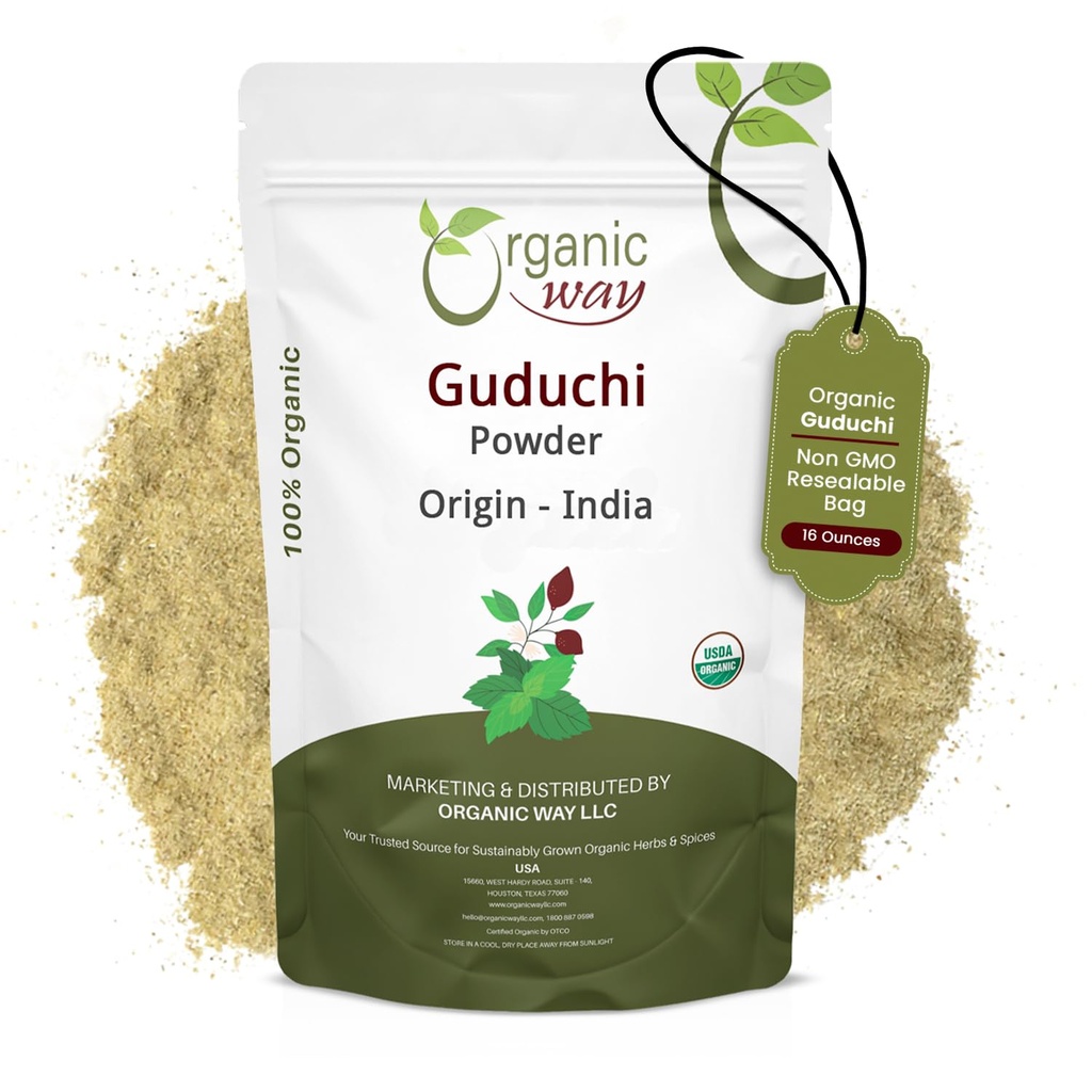 有机途径 Premium Guduchi Powder (Tinospora codifolia) - 有机 & Kosher认证 → Raw, Vegan, 非 GMO & Gluten Free → UDA认证 → 来源 印度 (1LBS / 16Oz)