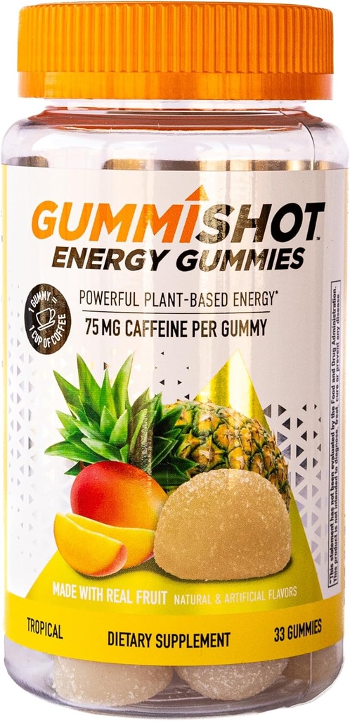 GummiShot Energy Gummys,每瓶2475mg的以植物为主的咖啡因,耐久能源促进剂,热带(33cm)