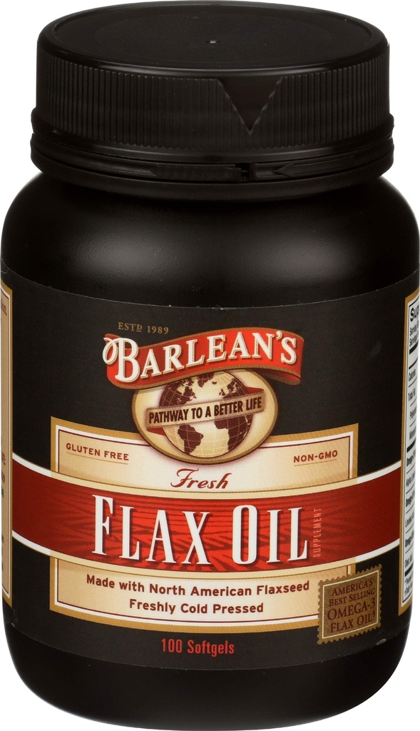 Barlean的Omega 3 6 9 Flaxseed Oil Supplements, Cold-pressed Flax Seed Supplements 软胶 1650 mg ALA脂肪酸, 100 Counters