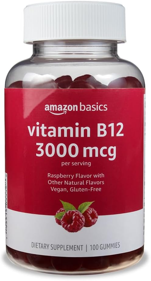   Basics Vitamin B12 3000 mcg Gummies, Normal Energy Production and Metabolism, Immune System Support, Raspberry, 100 Count (2 per serving) (Previously Solimo)