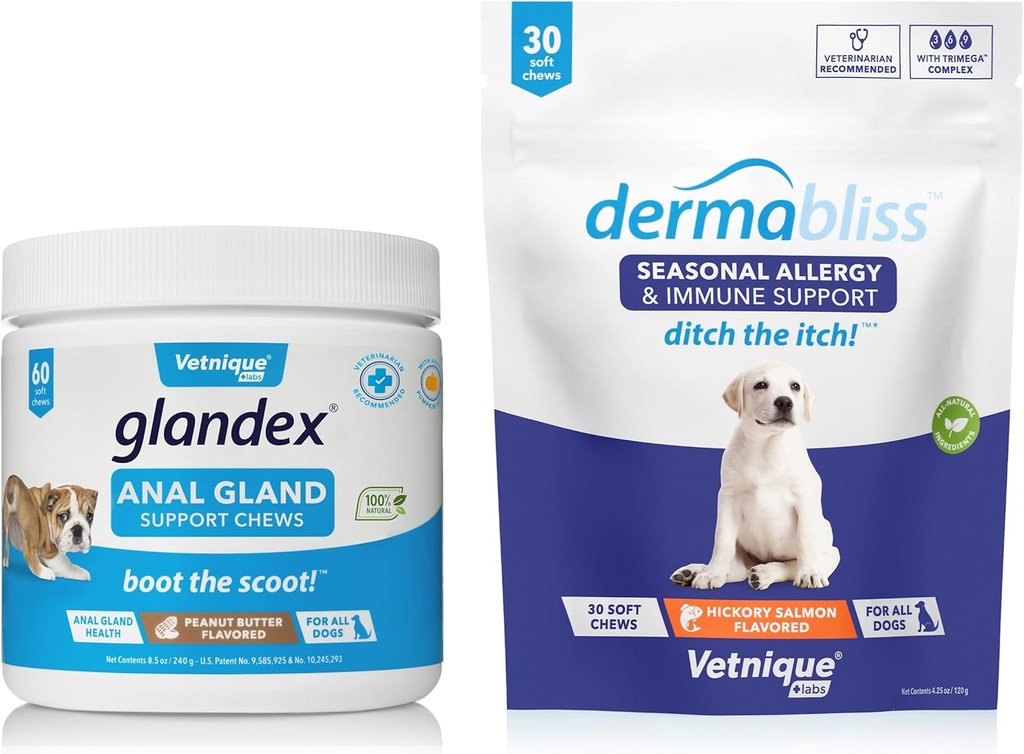 Vetnique Labs Dermablis过敏性厨师 30 Ct和Glandex Anal Gland 支持 Chews 60 Ct Bundle Dog Vitamins & 补充品 肛腺犬 配有抗生素的治疗 狗过敏性皮肤治疗 软楚