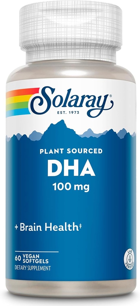 SOLARAY DHA 补充100 mg - D H A Omega 3 脂肪酸用于健康支持,产前 DHA Omega 3 补充剂 - 来自藻类油的植物来源 - 60天保证,60 服务,60 Vegan软胶