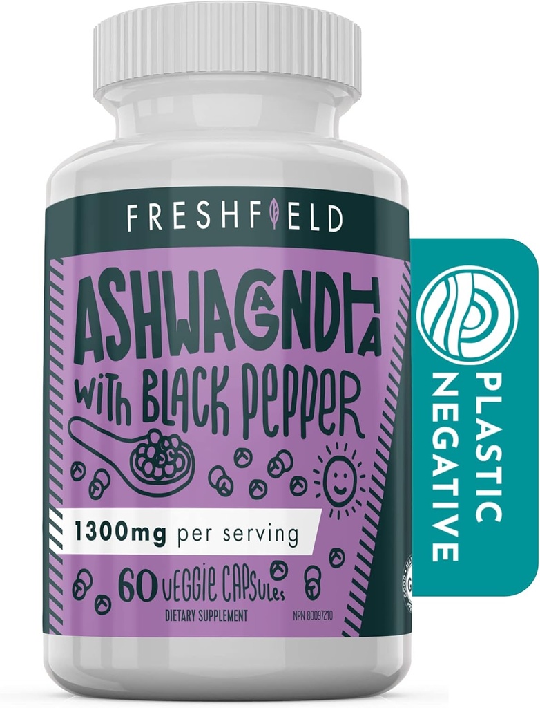 Freshfield Ashwagandha with Black Pepper. Vegan 对肾上腺脂肪支持,肌肉记忆,甲状腺与强力的友好补充. 全部天然 1300 mg 卡普尔