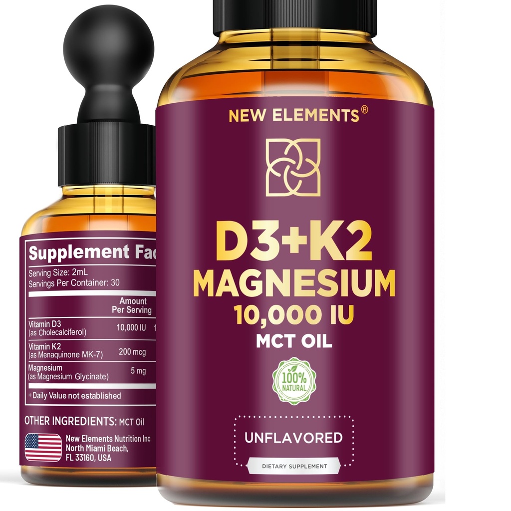 液体维生素D3配有K2 & 甘化镁 维生素D 滴入10000 IU 滴入量 K2 200mcg Mk7 液体维生素D3 + K2 补充供男性和女性使用 高吸收量 MCT Oil → Gluten Free → 非GMO