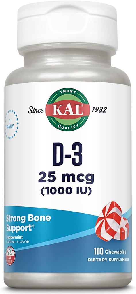 KAL 维生素D3 1000 IU 25 mcg,维生素D Chewables,钙吸收,骨质健康和免疫支持补充,天然辣椒薄荷Flavor,用X醇甜化,100 services,100 Chews