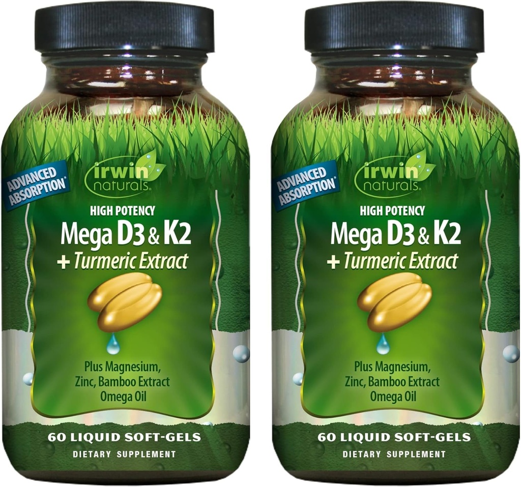 Irwin Naturals High Potency Mega D3 & K2 + 健康骨骼、免疫功能和正模-高级吸收镁、涡轮、竹子和Omega Oil-60液体软胶