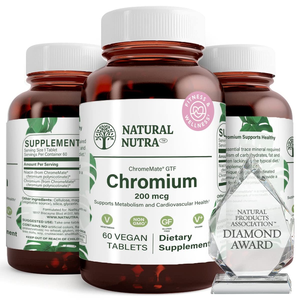 天然Nutra GTF 与ChromeMate的聚氮化铬,支持身体代谢,促进身体健康,心血管健康 200毫克克,60 Vegan 片