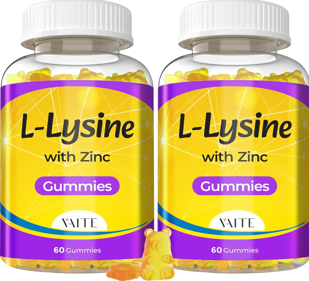 L Lysine Gummys 1000mg with Zinc - 支持皮肤, Lip, Vegan, Gluten Free, 60 成人可携带L-Lysine, 维生素组织健康与免疫系统, 氨基酸和复合补充物, 非GMO(2Pack)