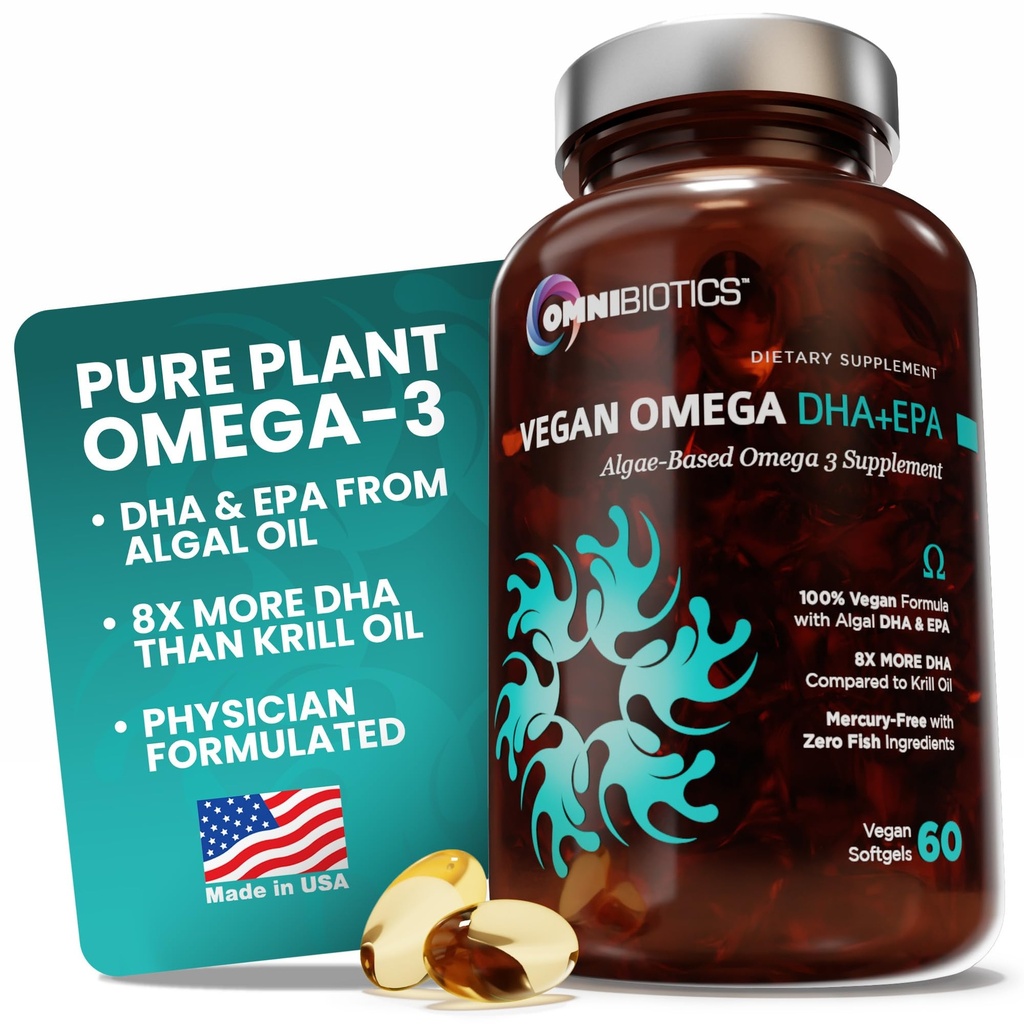 OmniBiotics Vegan Omega 3 DHA EPA 补充 – MD认证产前补充 8X More DHA Than Krill Oil, Fish-Free,非GMO – 60 Vegan Capsules