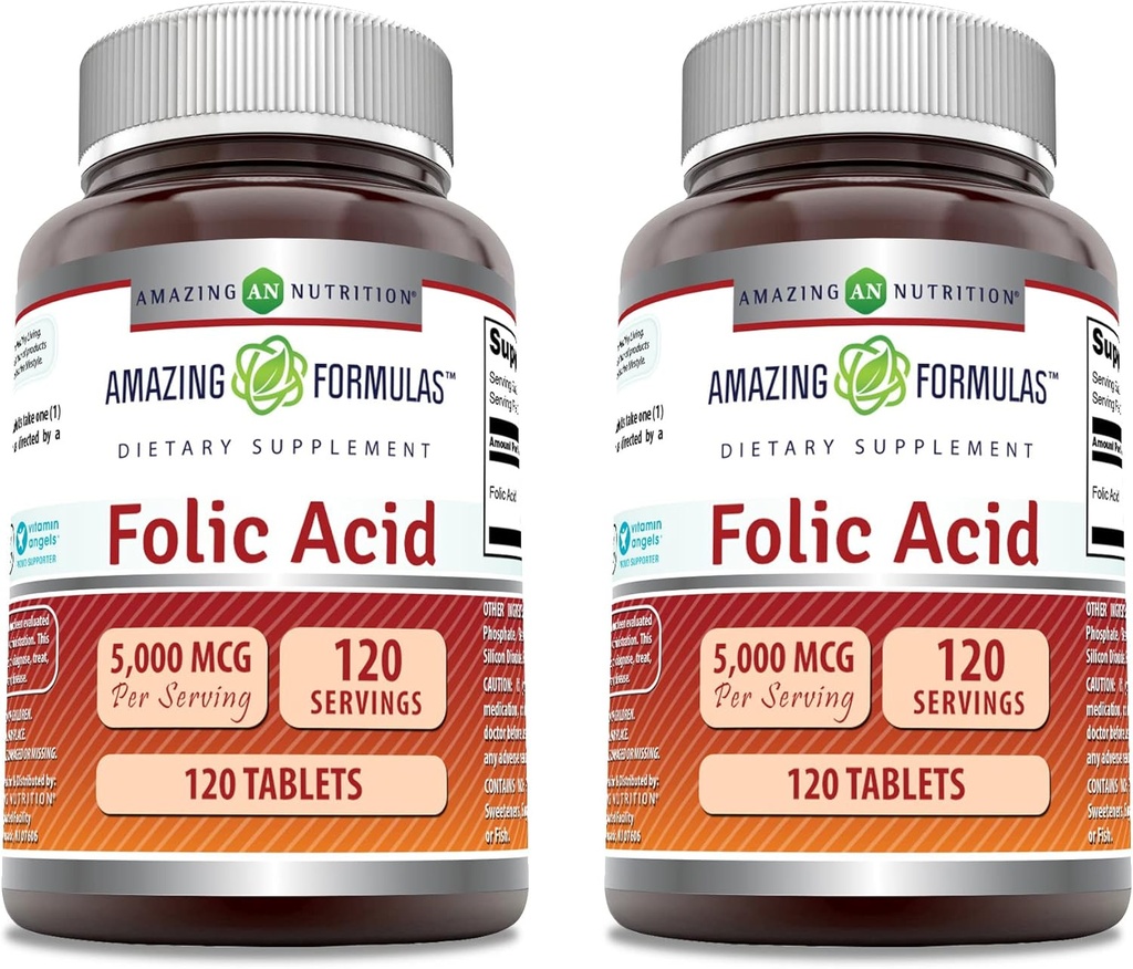 神奇的Folic Acid Supplements 5000 Mcg 120 平板电脑 美国制造的Gluten Free 2 Pack)