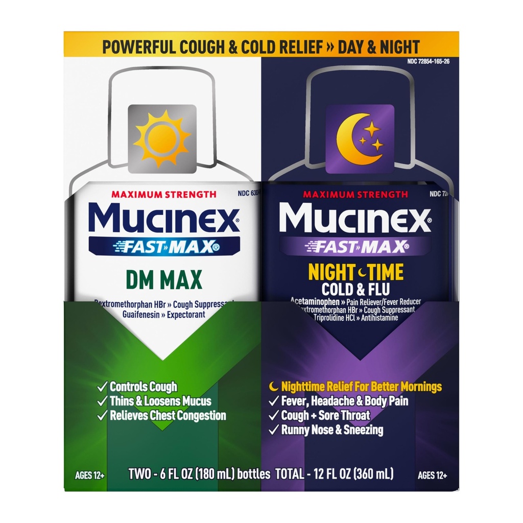 最大强度 Mucinex FastMax DM Max & Mucinex Nightship 冷和氟液体(2x6 fl. oz. 细辛(Loosens) 穆克斯(Mucus), 抗咳和胸痹, 疼痛, 发烧, 打喷嚏, 喉咙痛, 鼻鼻风
