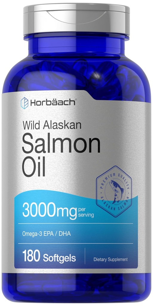Horbäach 野生阿拉斯加沙门鱼油 180 软胶 Capsules 180 自由的Gluten, Non-GMO 高概率 Omega-3 脂肪酸的绝佳来源 EPA和DHA