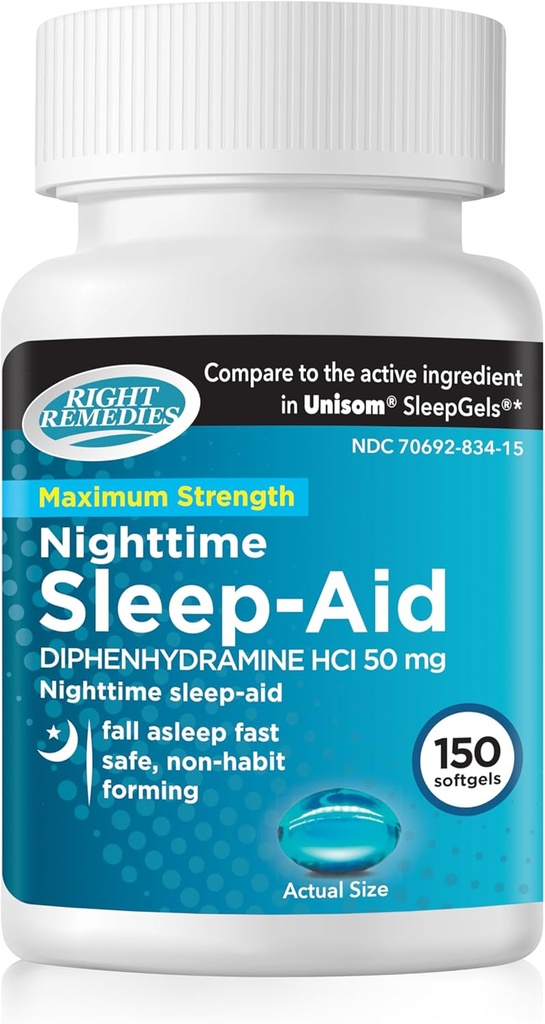 夜间睡眠援助软胶,(150软胶),二苯胺HCI 50毫克,Fall Asleep Fast,支持深点,休息
