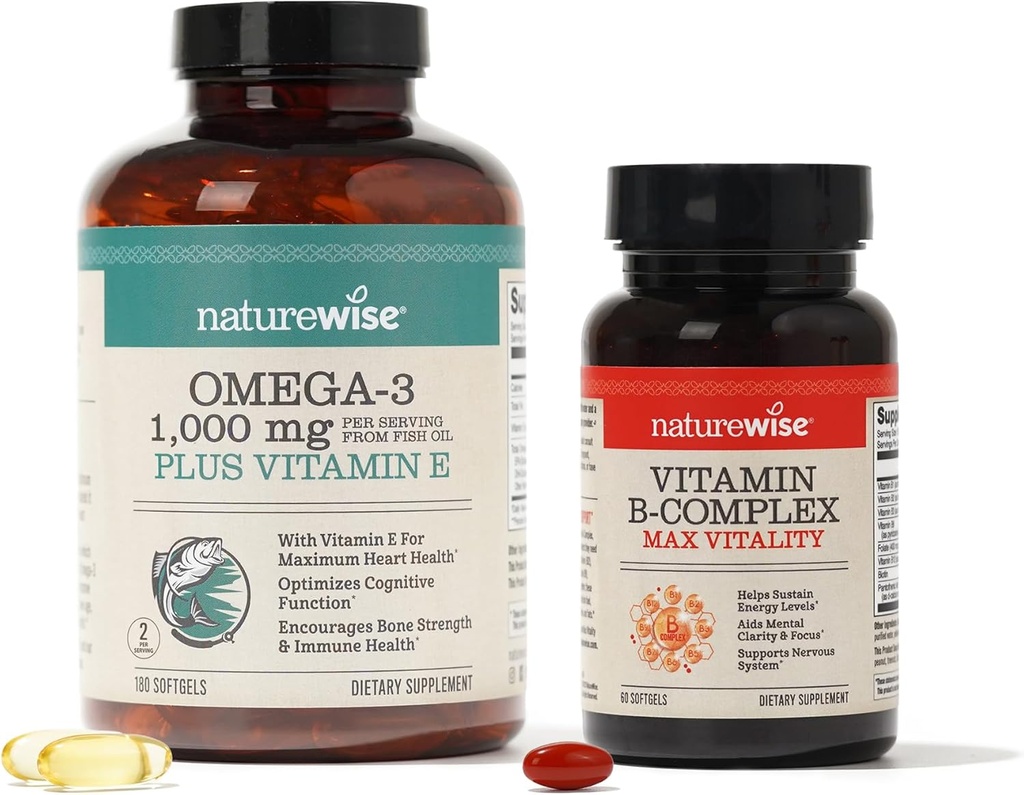 NatureWise 1000mg Omega 3 600mg EPA 400mg DHA 配有维生素E 180ct和维生素B 细胞能60软胶复合体[2-Month]