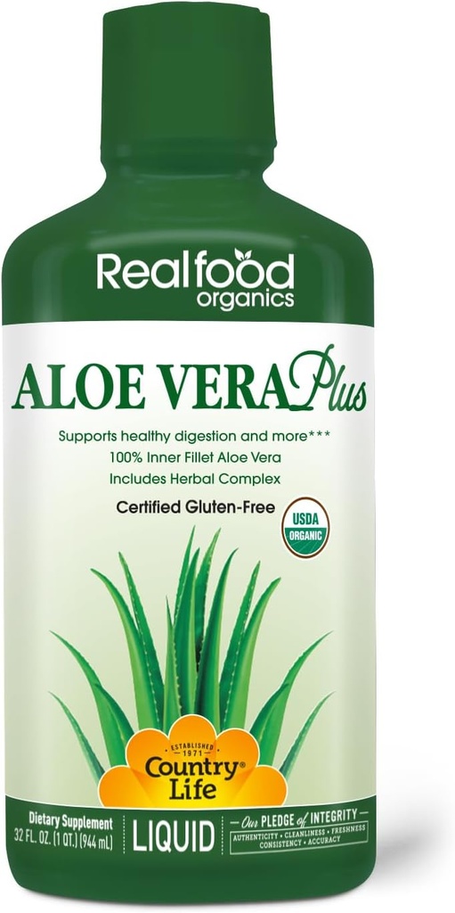 乡村生活真食品有机物 液态Aloe Vera Plus - 支持消化性健康与免疫系统 - 配有 Slipprey Elm, Ginger, Turmeric, Peppermint - 有机ACTIValoe, Qmatrix 工艺 - 32 oz
